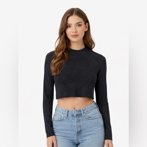 For Love And Lemons Tops - For Love & Lemons KNITZ Long Sleeve Crop Top Black & Gold Stripe XS